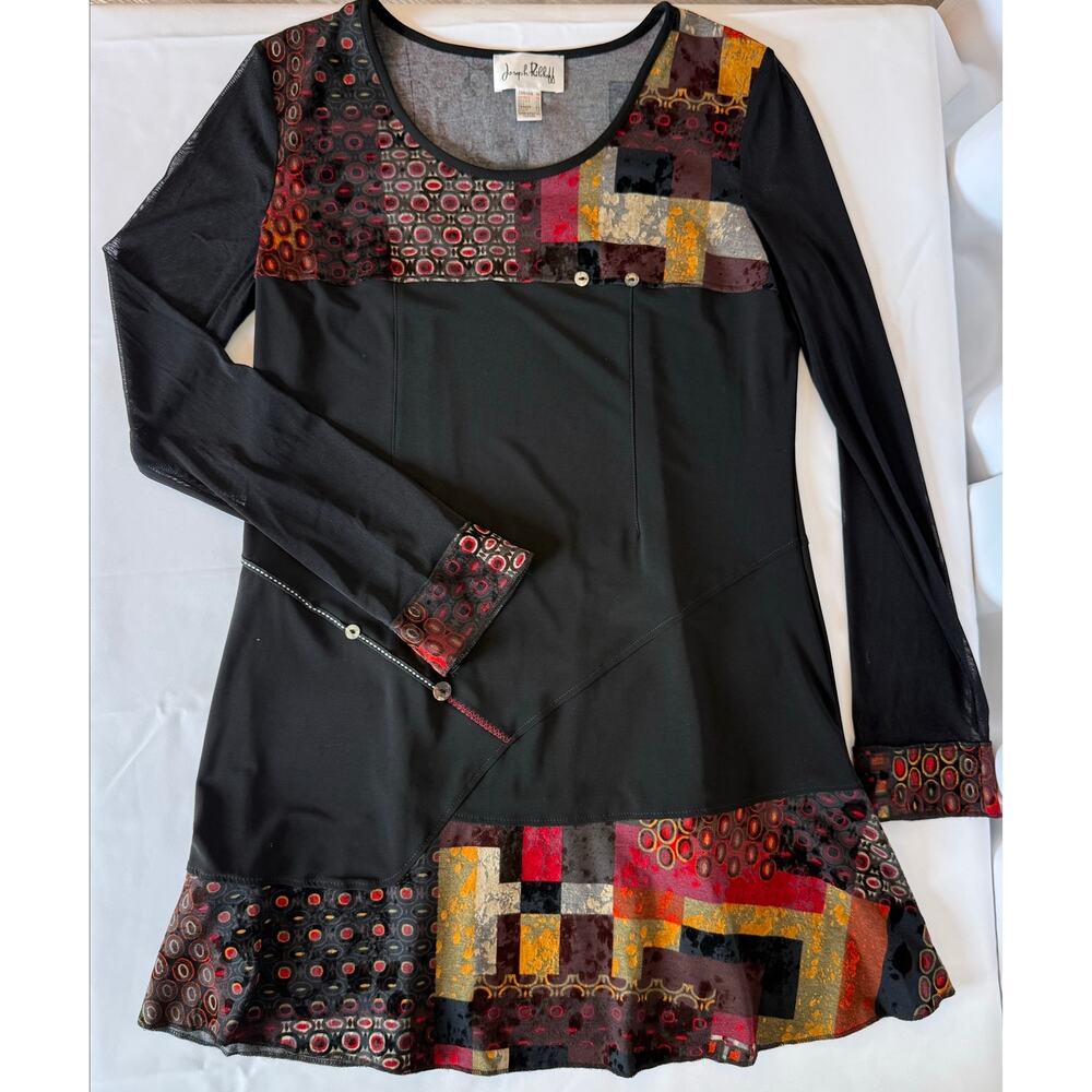 Joseph Ribkoff Boho Mesh Tunic Dress Velvet Patchwork Black Size 14